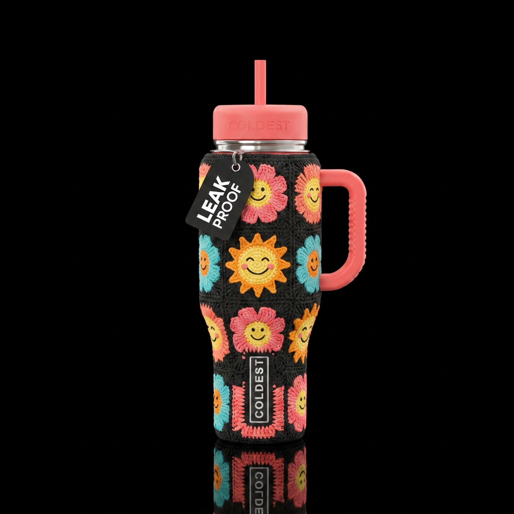 crochet, happy mood water bottle design