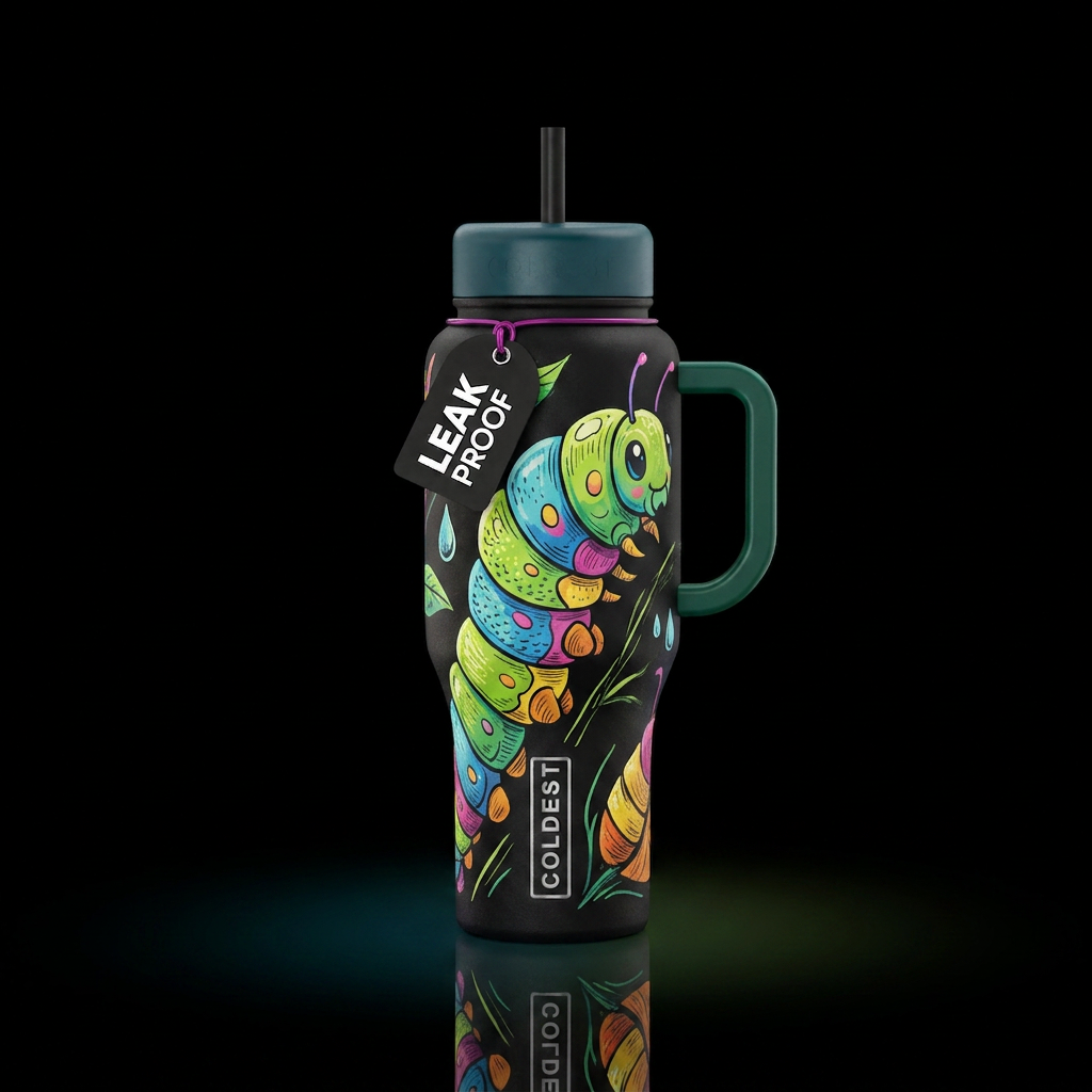 hand drawn, caterpillar, beautiul water bottle design