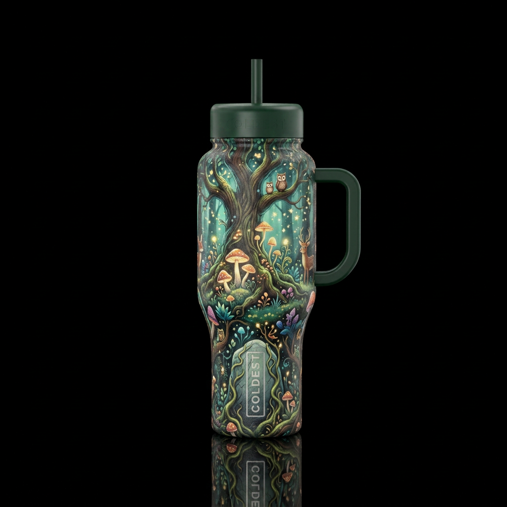 enchanted woods, magical, whimsical water bottle design