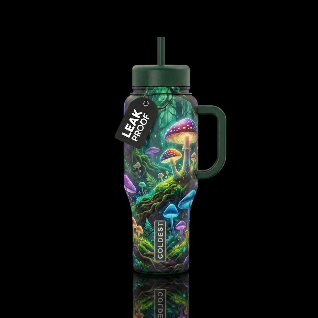 mushroom forest, glowie, beautiul water bottle design