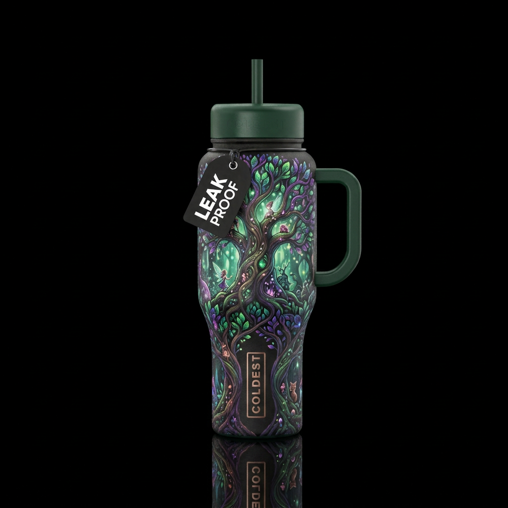 enchanted forest, beautiul, vibrant, magical, fant... water bottle design