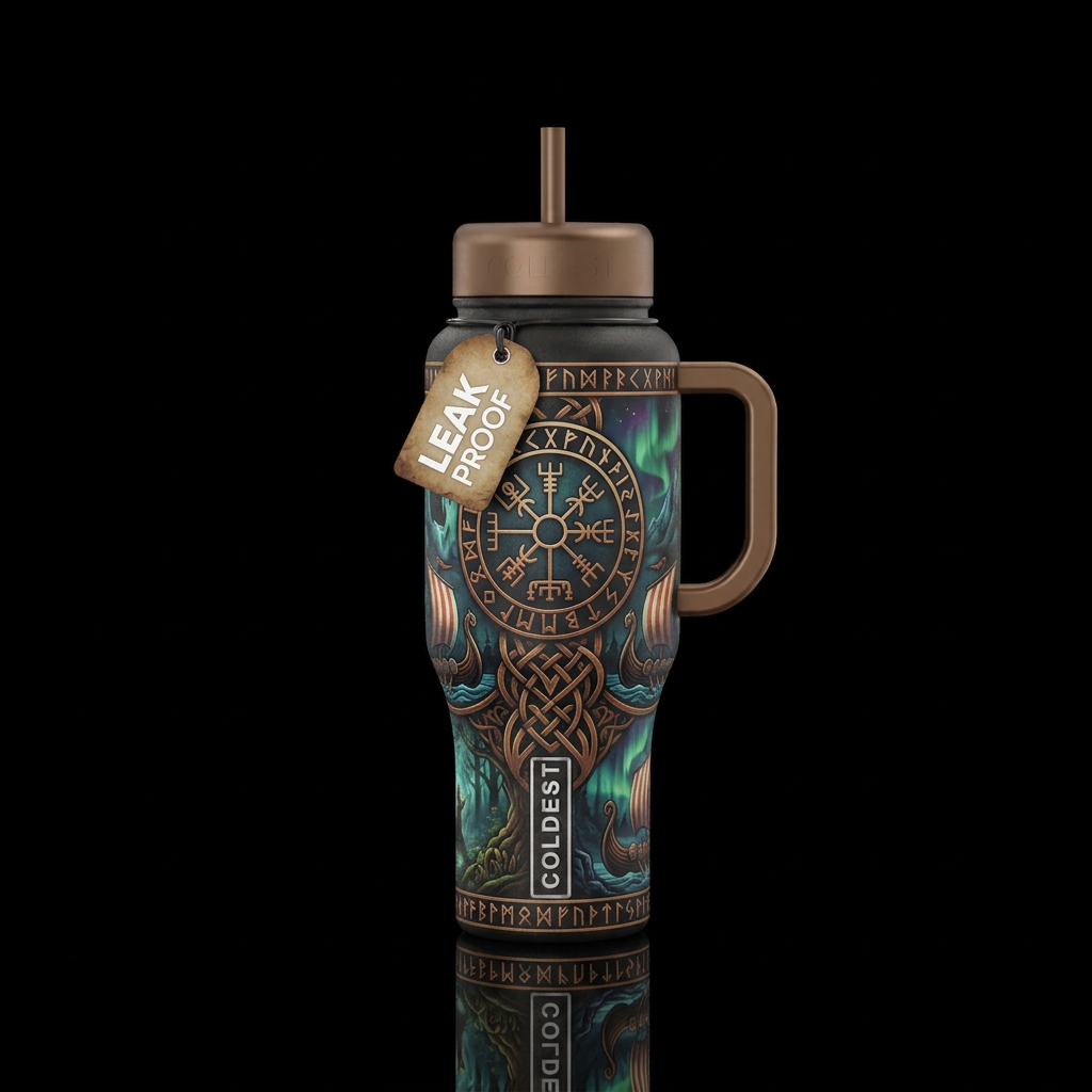 viking, vibrant, magical, fantasy water bottle design