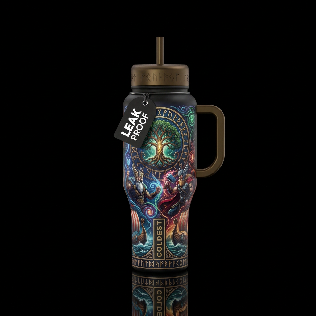 viking, vibrant, magical, fantasy water bottle design