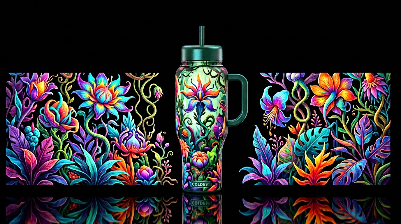 exotic plants, surreal water bottle design