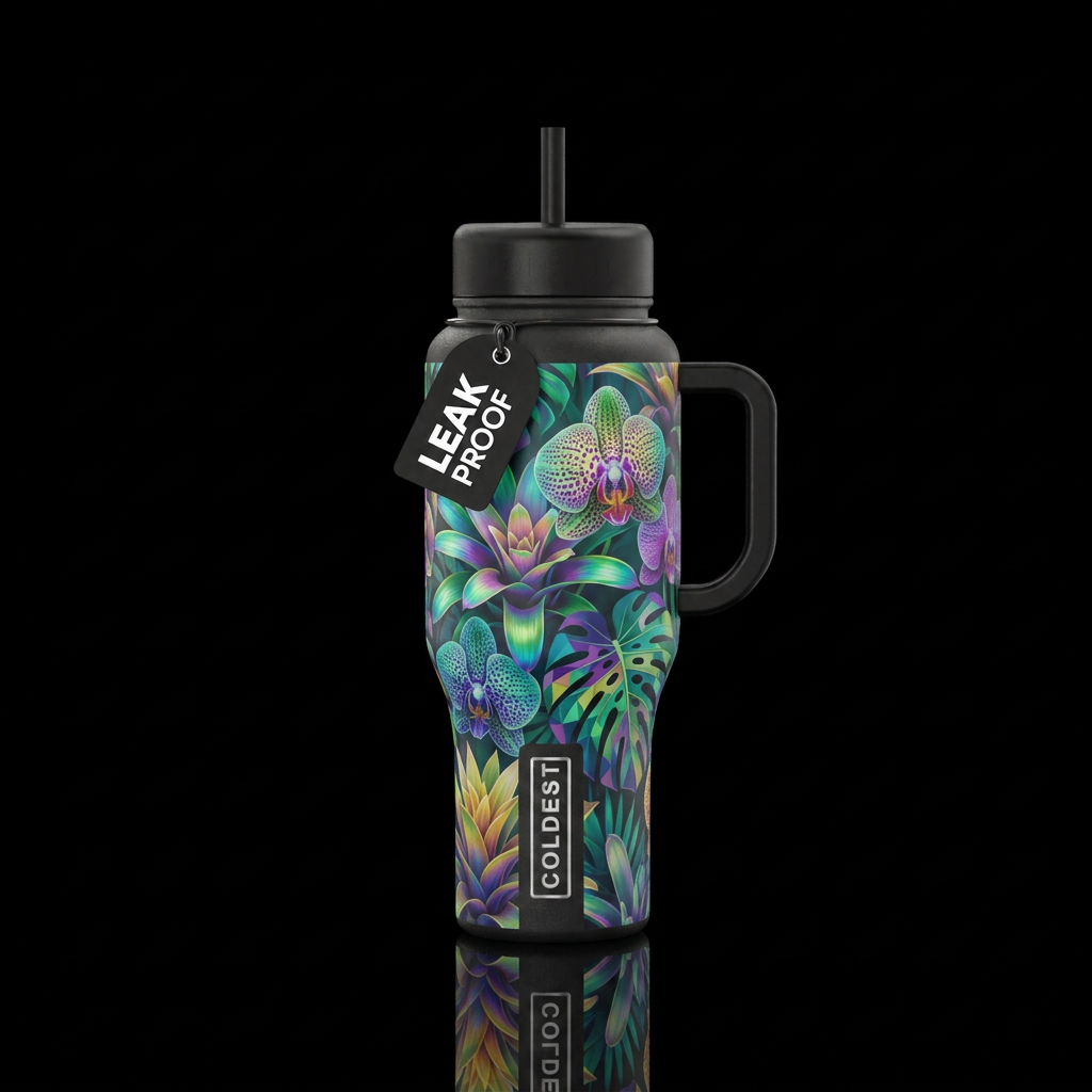 exotic plants, surreal water bottle design