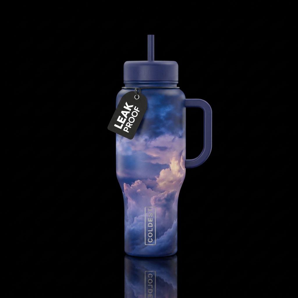 blue hour, magical, clouds water bottle design
