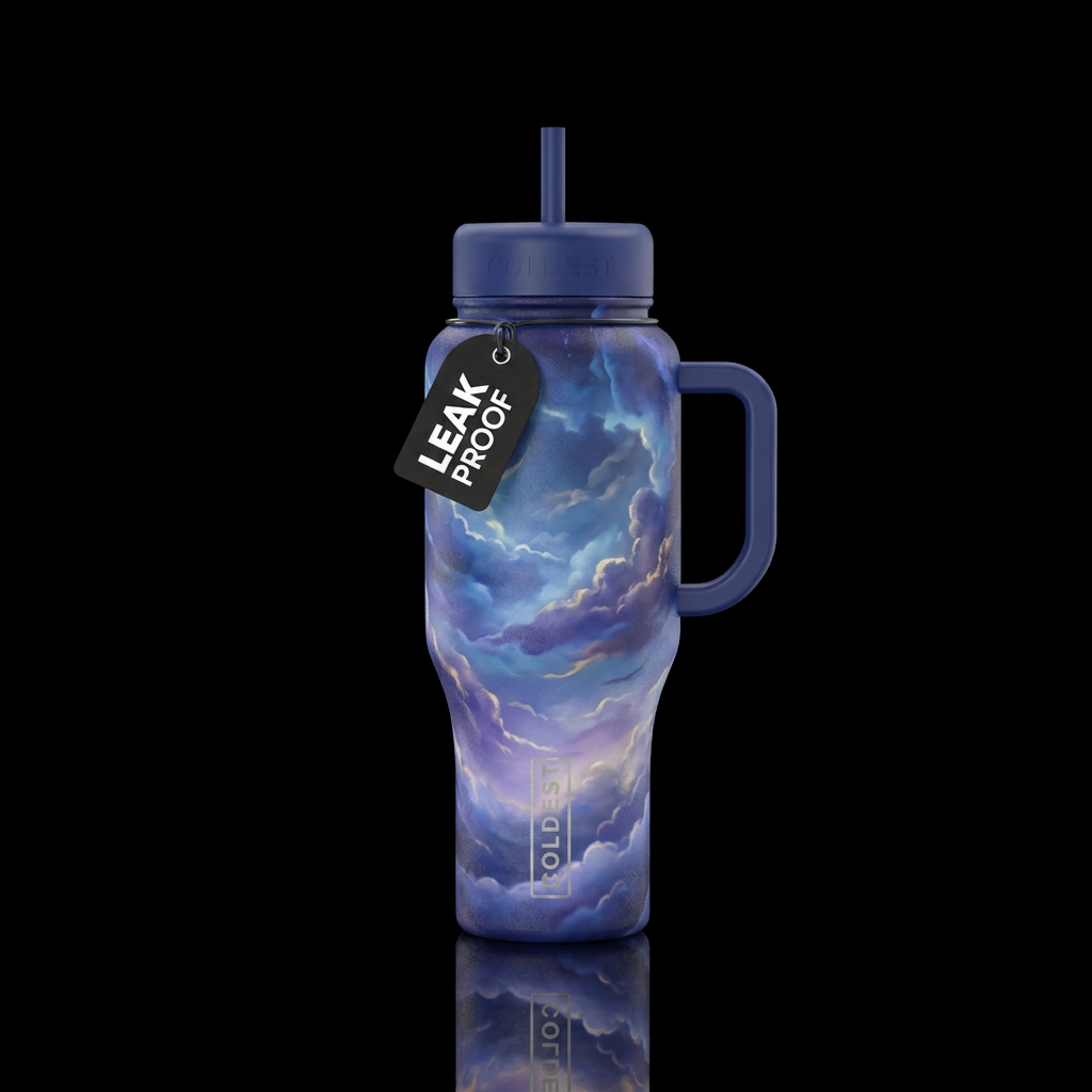 blue hour, magical, clouds water bottle design