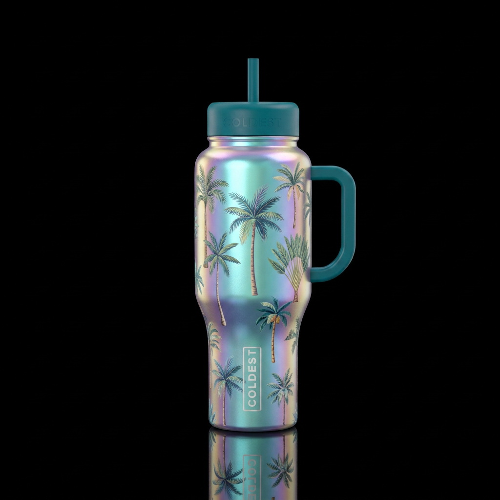 pearlescent, palm trees, harmonious, beautiul water bottle design