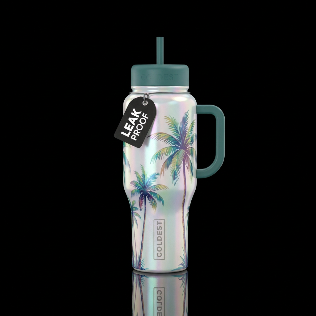pearlescent, palm trees, harmonious, beautiul water bottle design