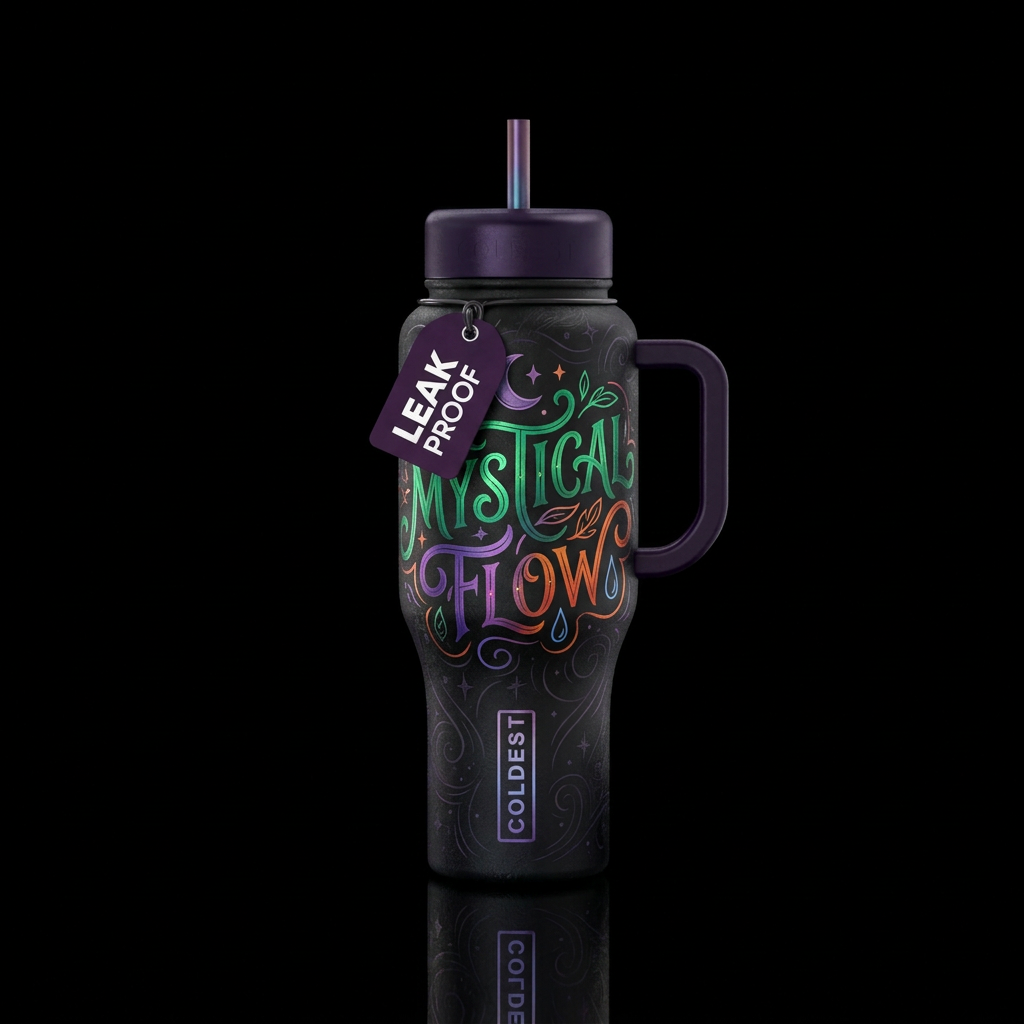 artistic, magical, lettering water bottle design