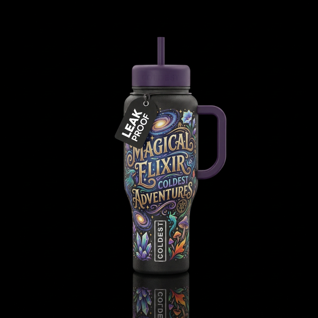 artistic, magical, lettering water bottle design