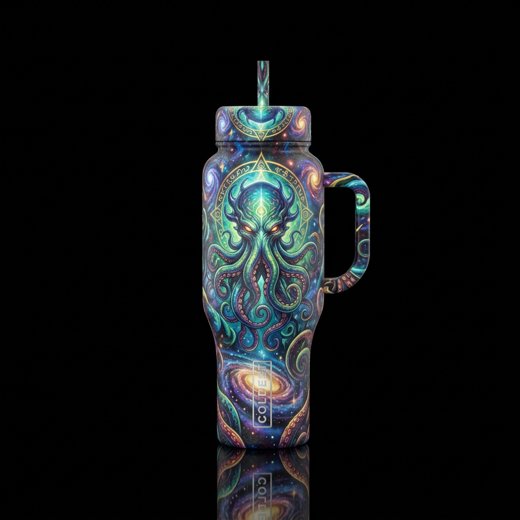 lovecraftian, beautiul, vibrant, magical water bottle design