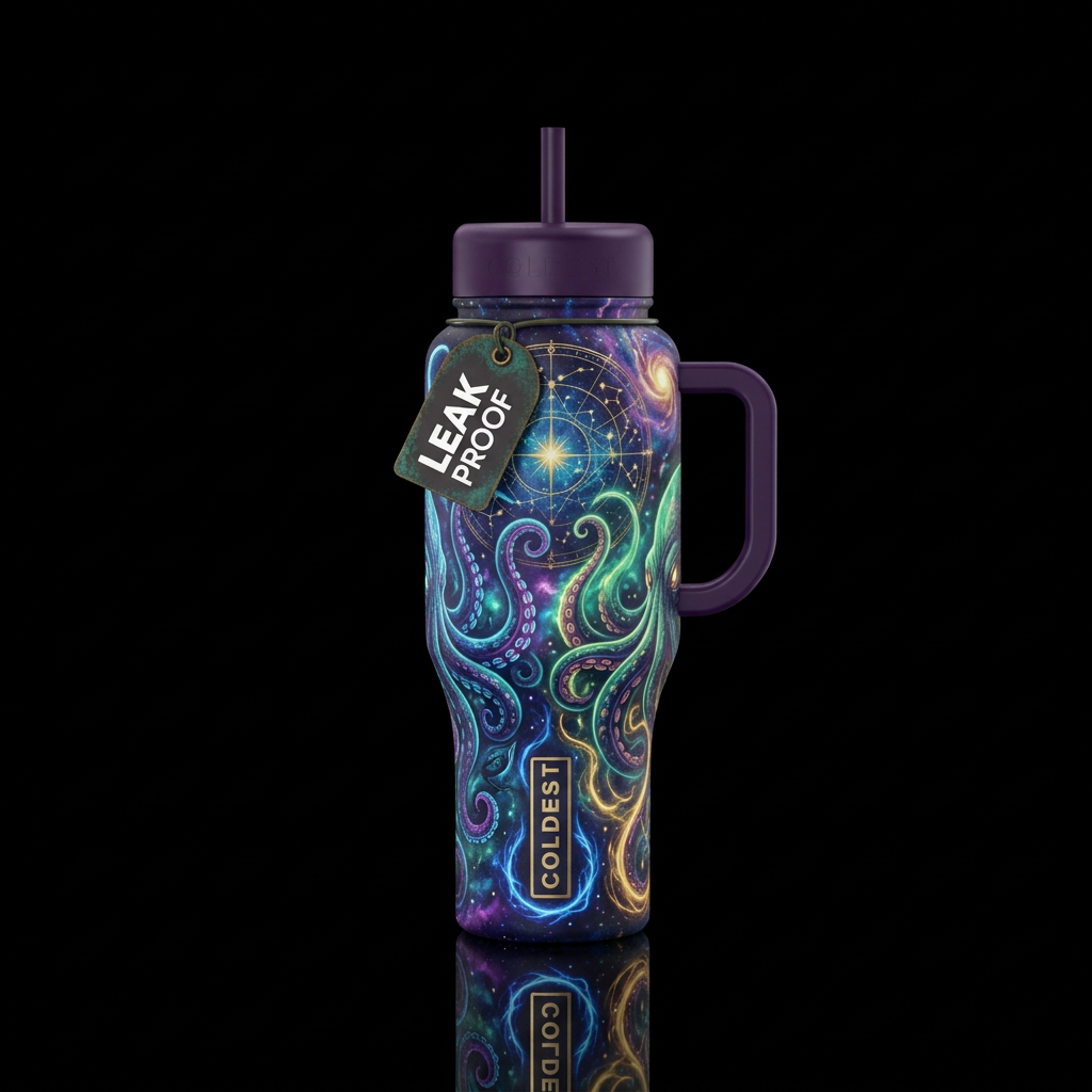 lovecraftian, beautiul, vibrant, magical water bottle design