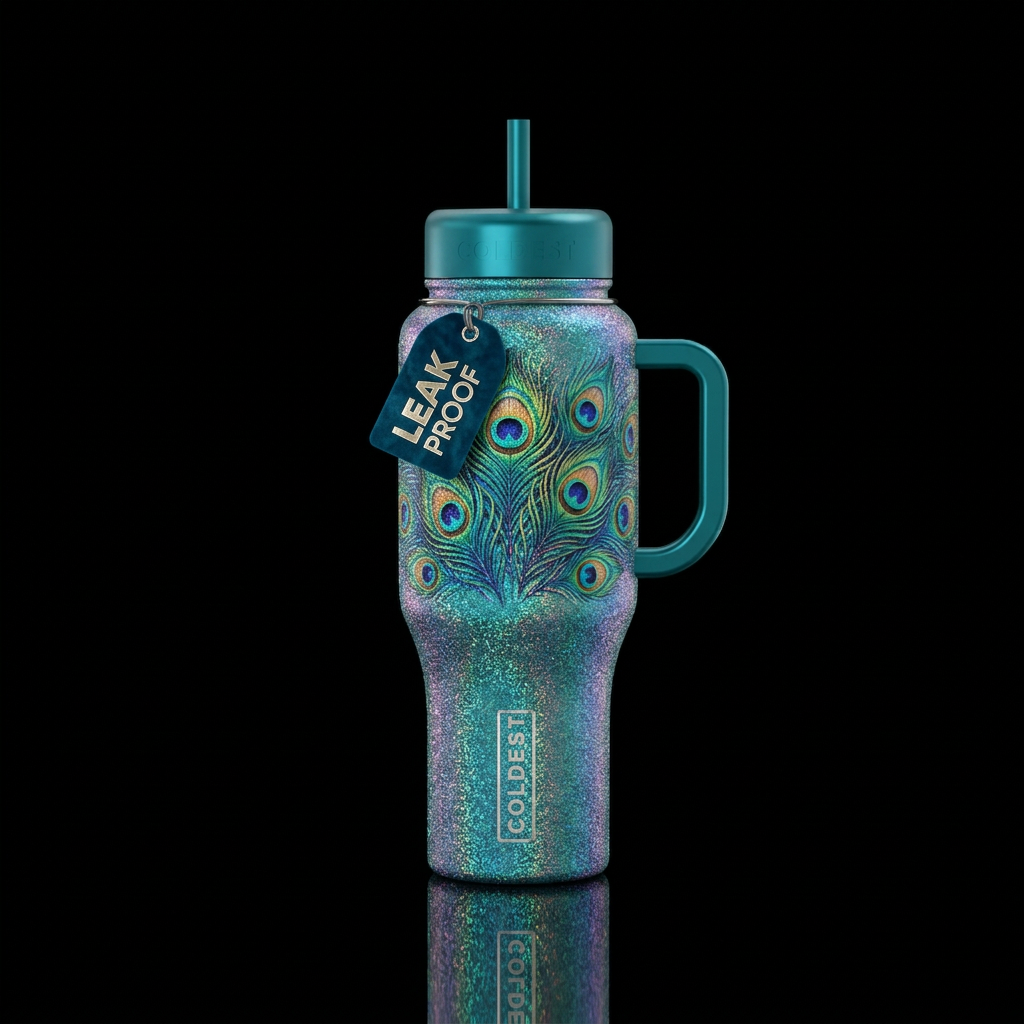 peacock, sparkly water bottle design