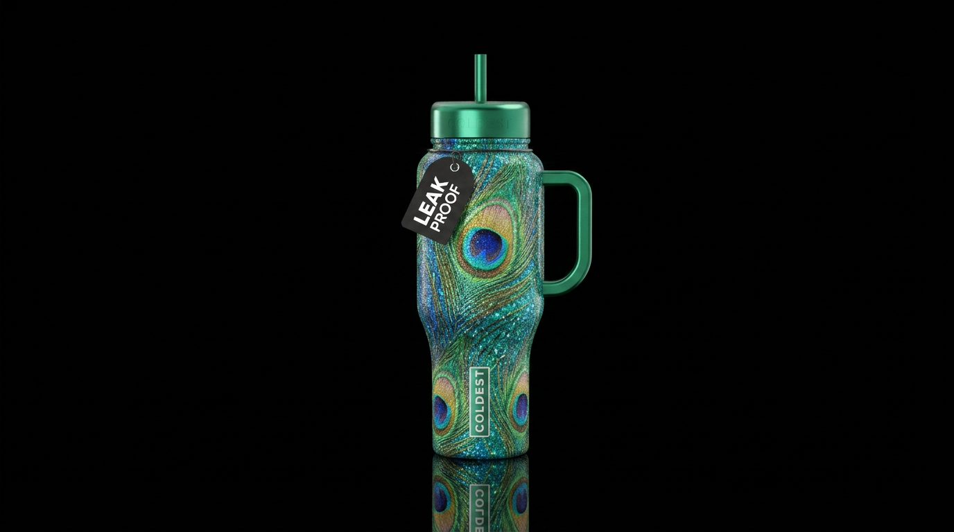 peacock, sparkly water bottle design