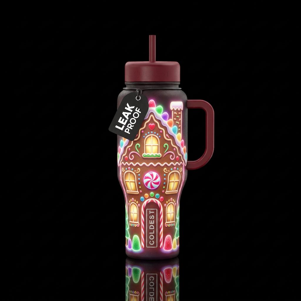 Magical gingerbread house, glowie water bottle design
