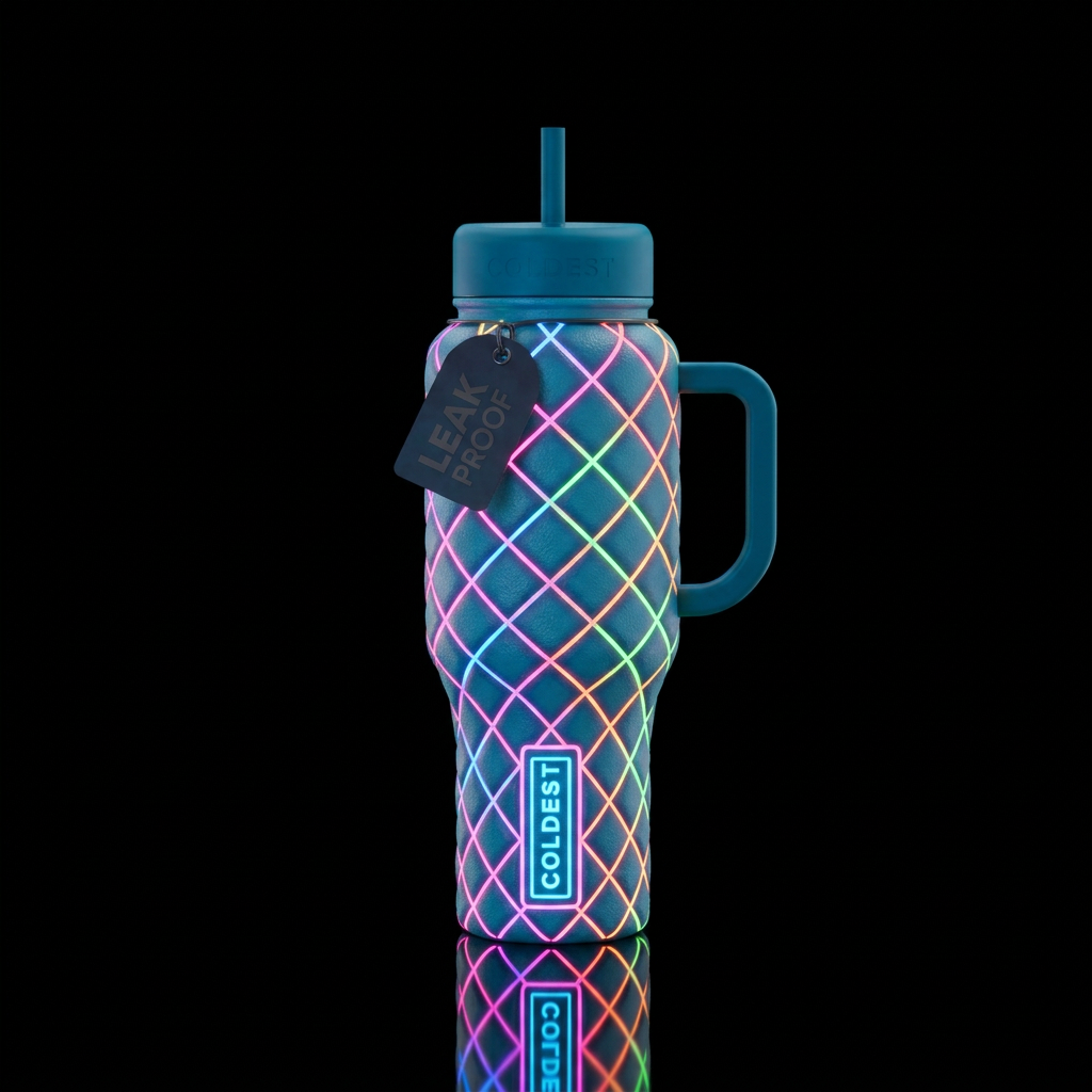 quilted, neon, glowie water bottle design