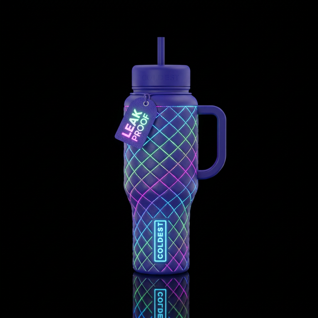 quilted, neon, glowie water bottle design