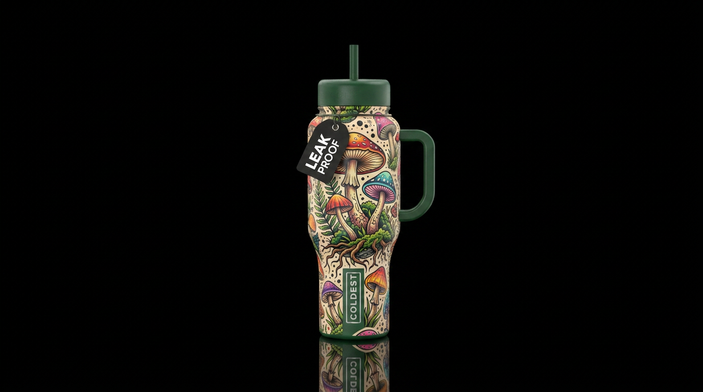 mushroom forest, tattoo style water bottle design