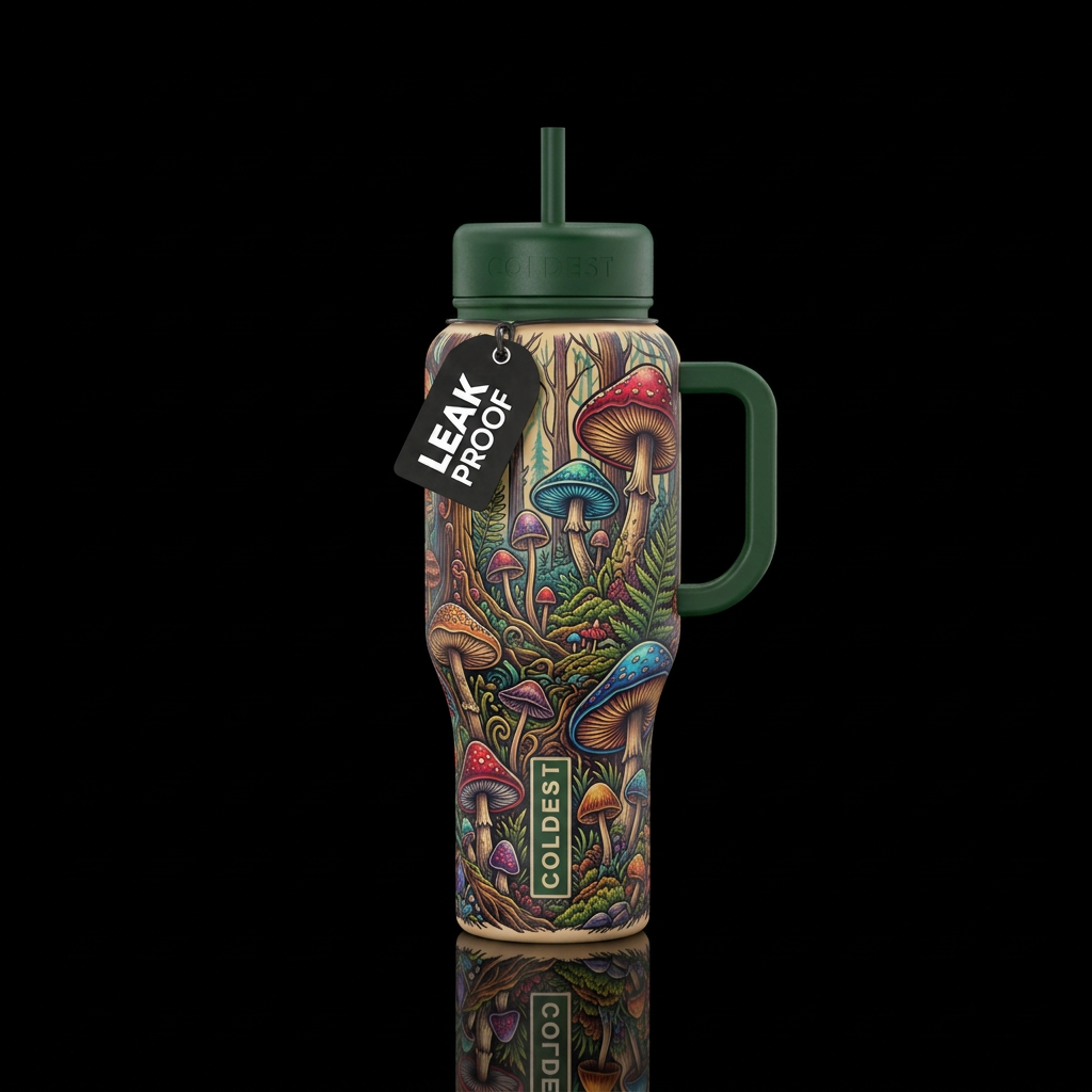 mushroom forest, tattoo style water bottle design