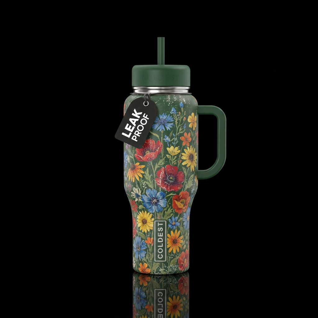 distressed, wildflowers water bottle design
