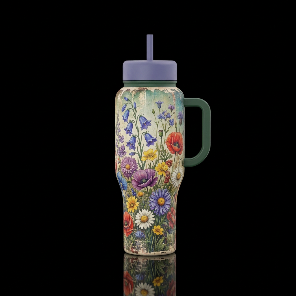 distressed, wildflowers water bottle design