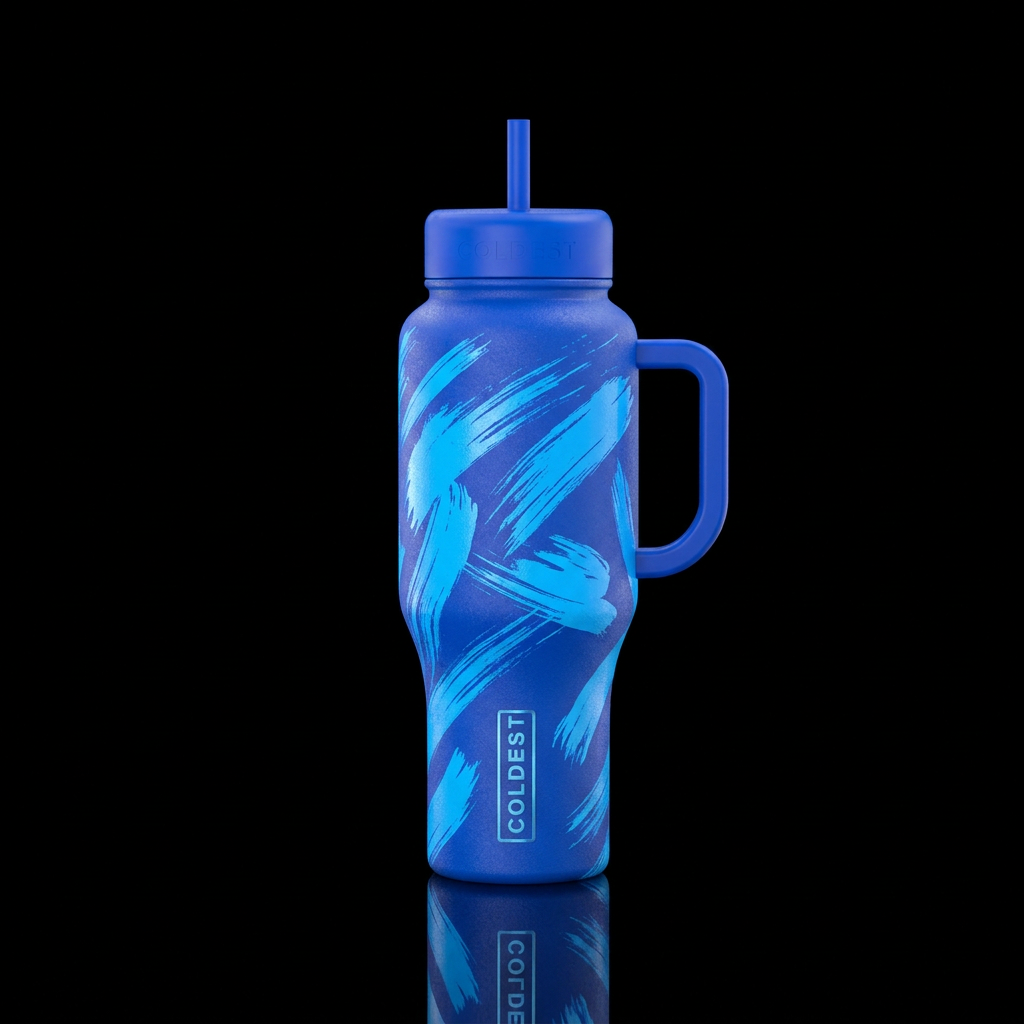 electric blue, brush stroke water bottle design