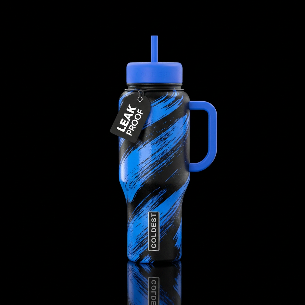 electric blue, brush stroke water bottle design