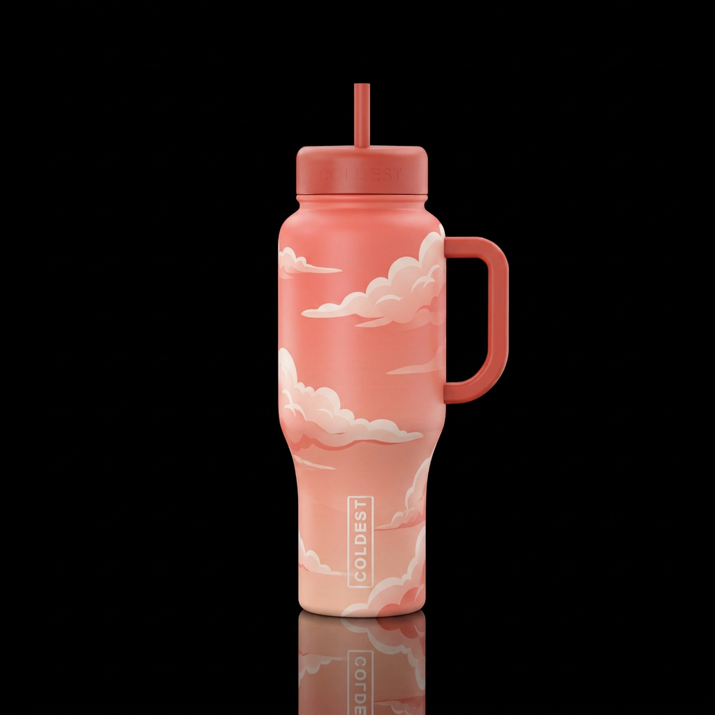 coral, vibrant, clouds water bottle design