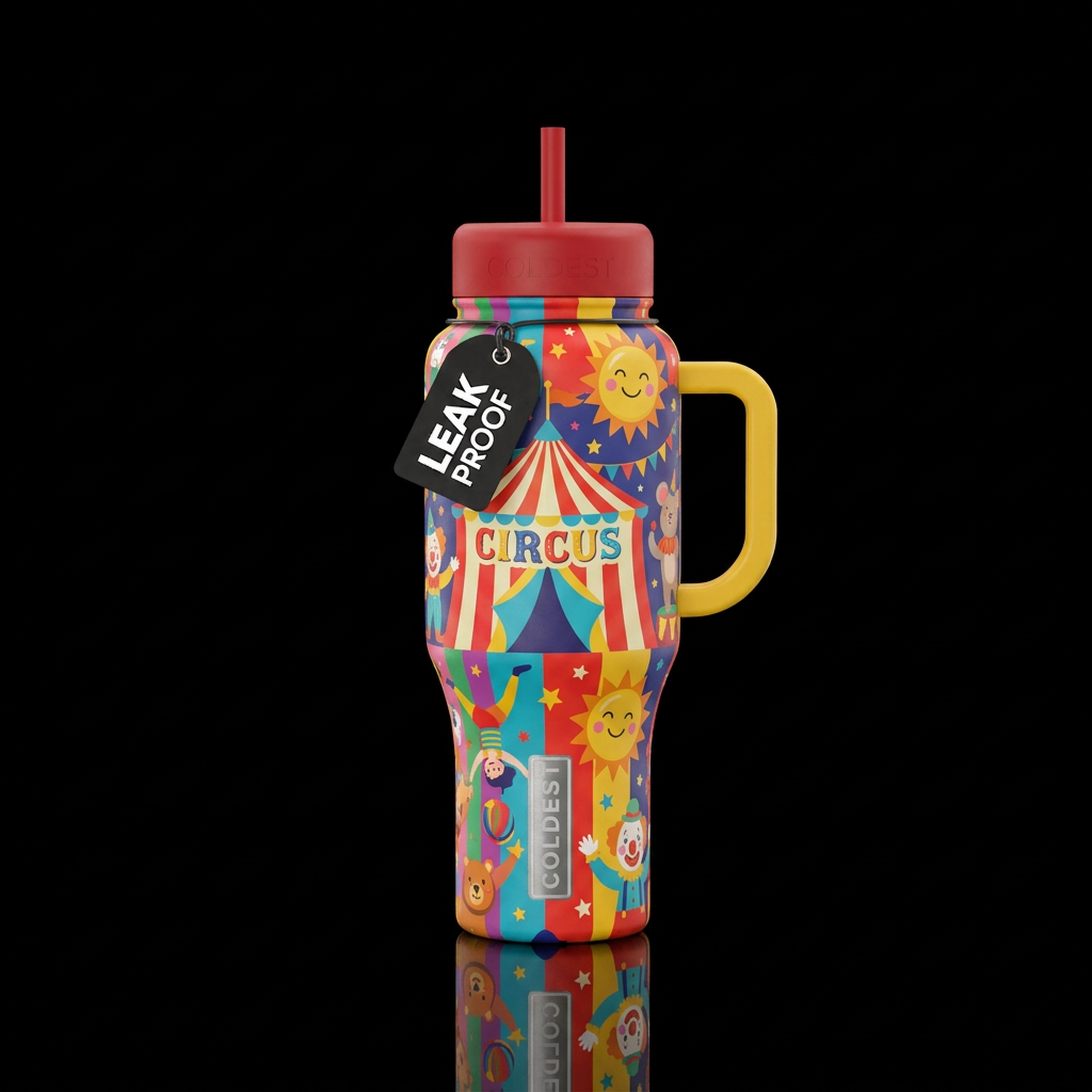 circus, happy mood water bottle design