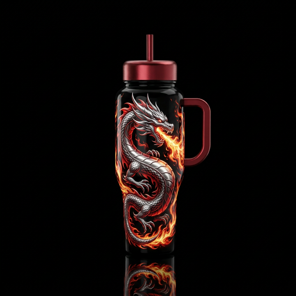A glowing black bottle featuring a metallic silver... water bottle design