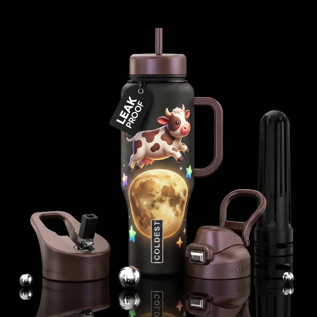 cute brown and white cow jumping over the moon water bottle design