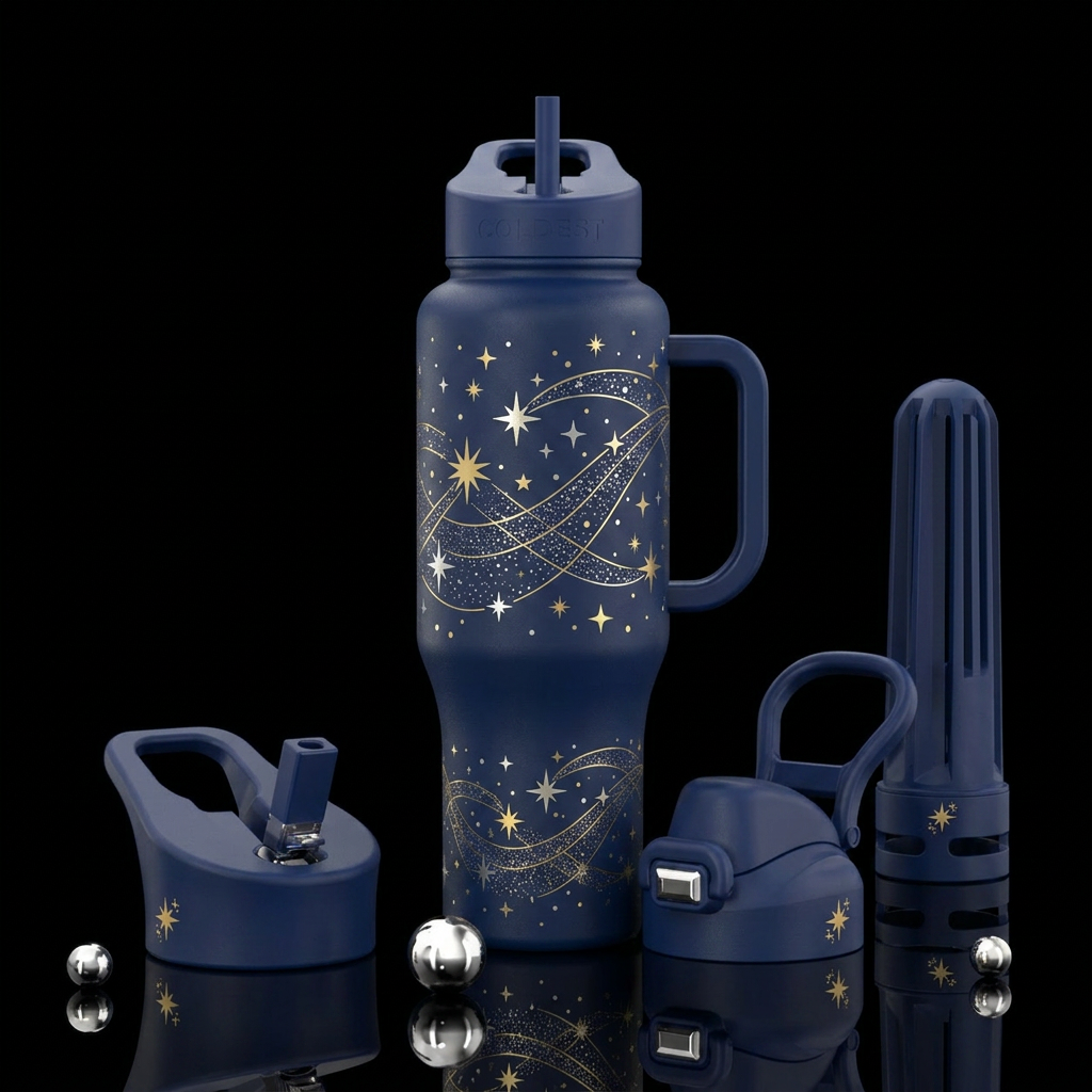 Dark blue with dancing stars water bottle design
