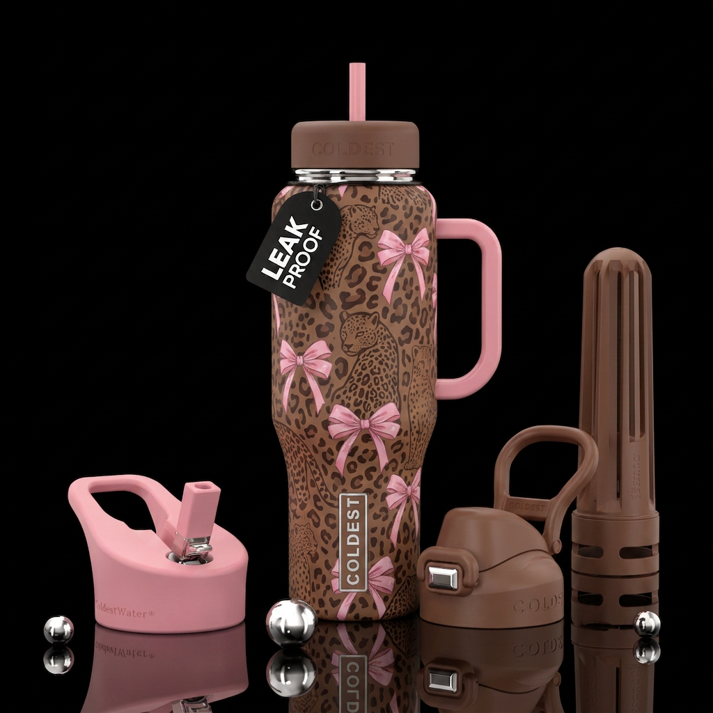 brown with animal print and pink bows water bottle design