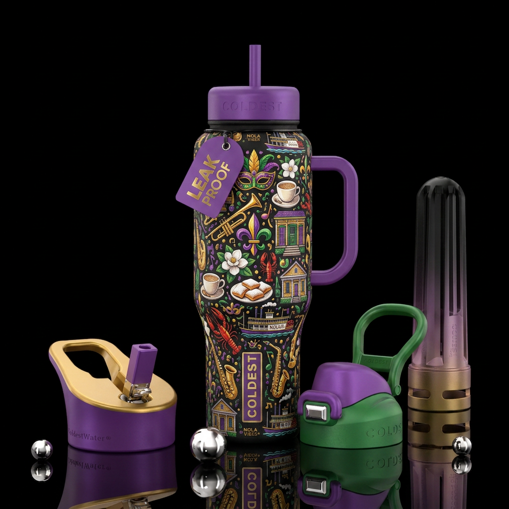 New Orleans souvenirs all over water bottle design