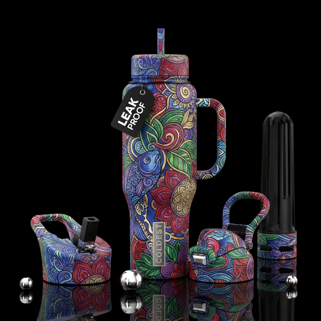 colored coloring book page all over water bottle design