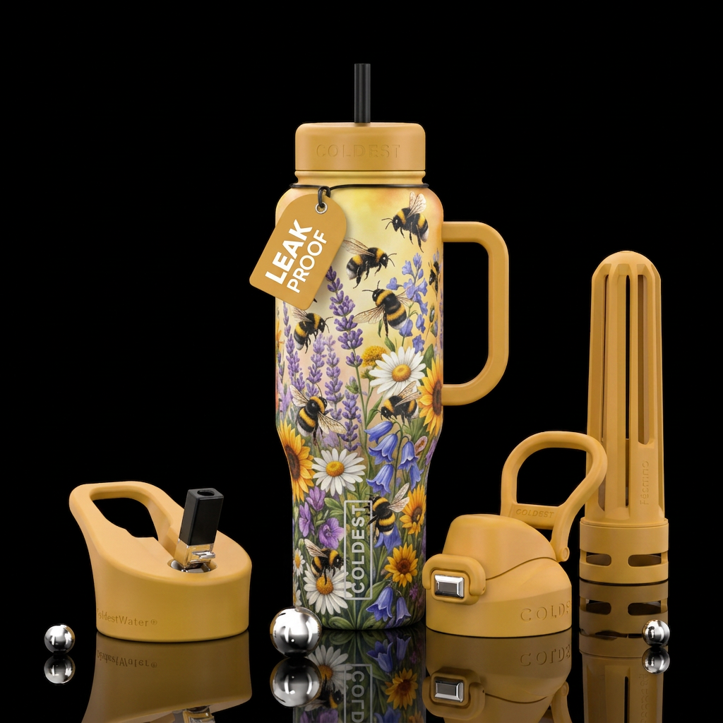 Cute bumblebee on flowers water bottle design