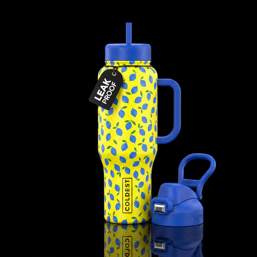 yellow with small blue lemons with leaves all over water bottle design
