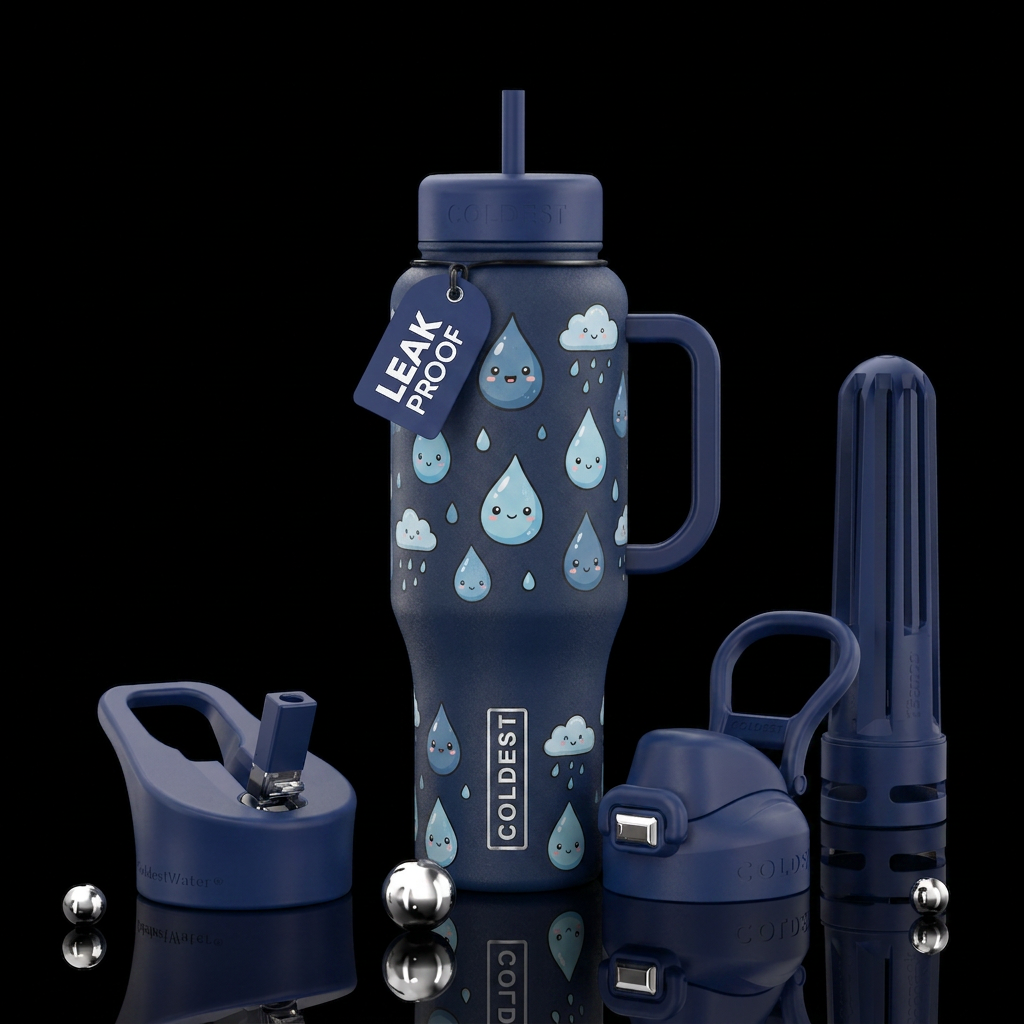 dark blue with cartoon rain drops water bottle design