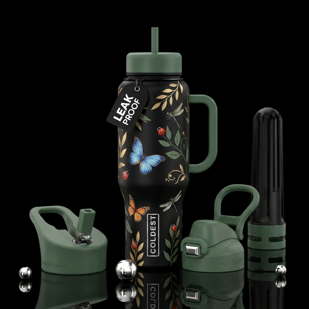 cute butterfly ladybugs and dragonflies interactin... water bottle design