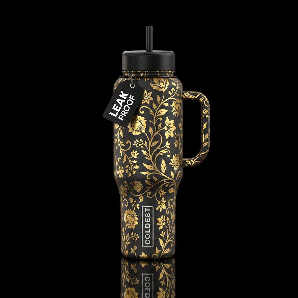 black with gold floral design water bottle design