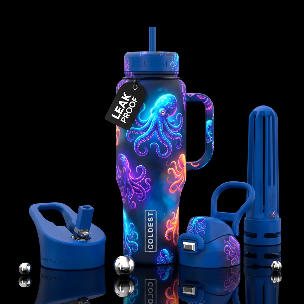 glowing octopuses of different sizes water bottle design