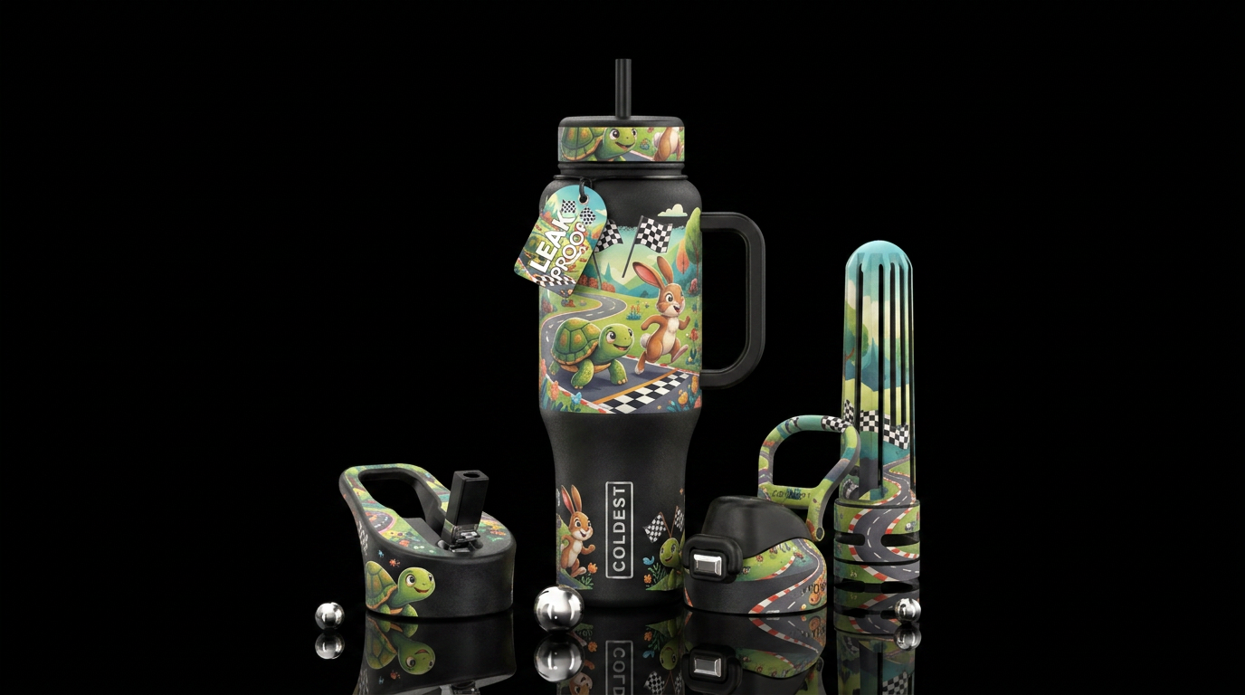 cute tortoise and hare race scene water bottle design