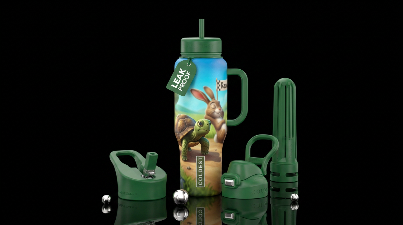 cute tortoise and hare race scene water bottle design