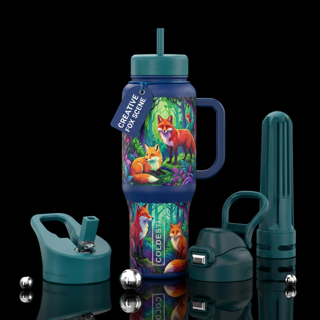 Different color fox scene water bottle design