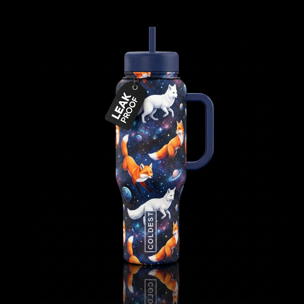 white, orange and white foxes with a celestial bac... water bottle design