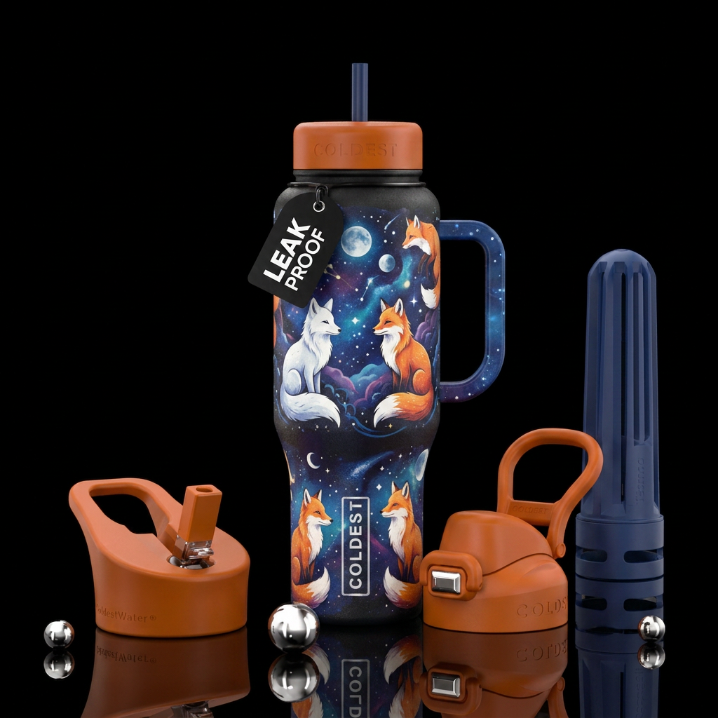 white, orange and white foxes with a celestial bac... water bottle design