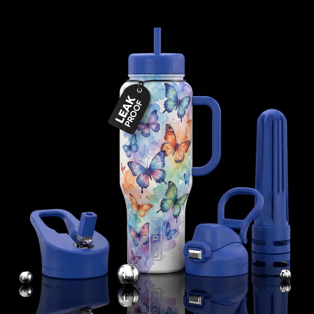 whimsical, watercolor, butterfly water bottle design
