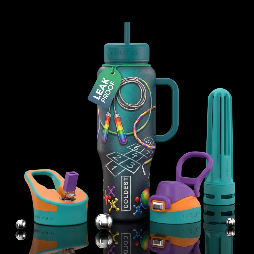 Jump rope, hula hoop, hopscotch,chalk, jacks water bottle design