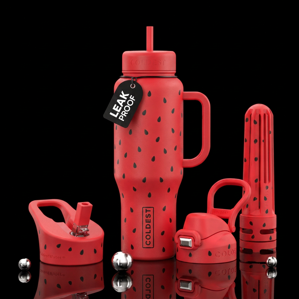 matte red with watermelon seeds water bottle design